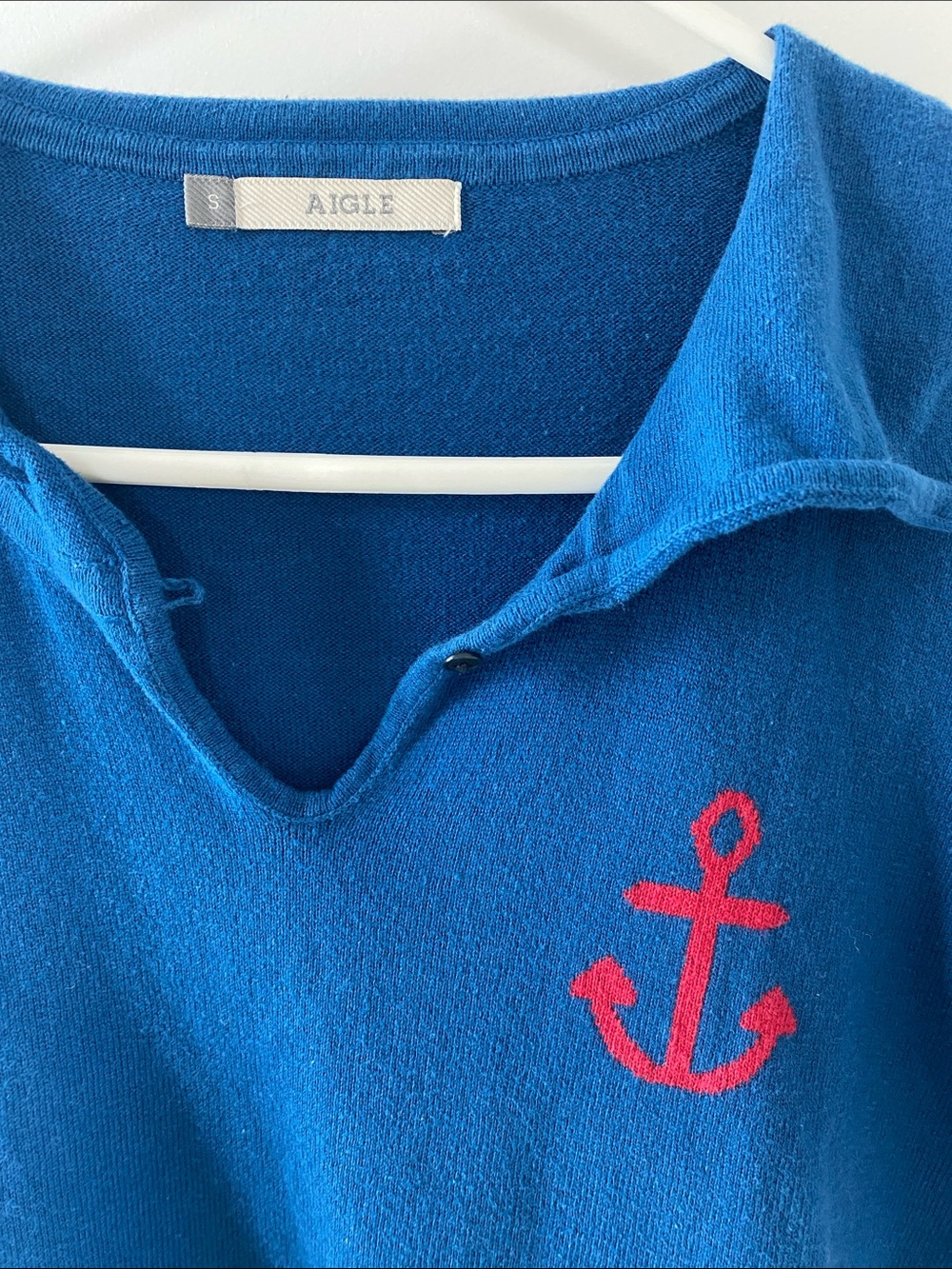 Aigle Bright Blue V-Neck Sweater with Red Anchor Accent